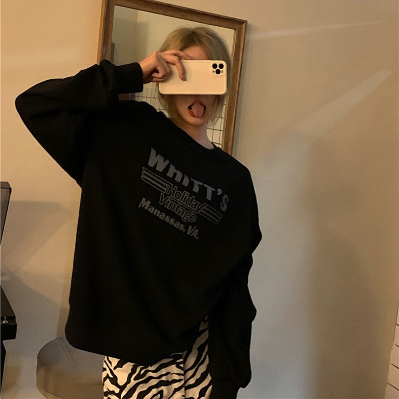 SUXI Áo Sweater Tay Dài Dáng Rộng Màu Sắc Đơn Giản In Chữ Phong Cách Hàn Quốc