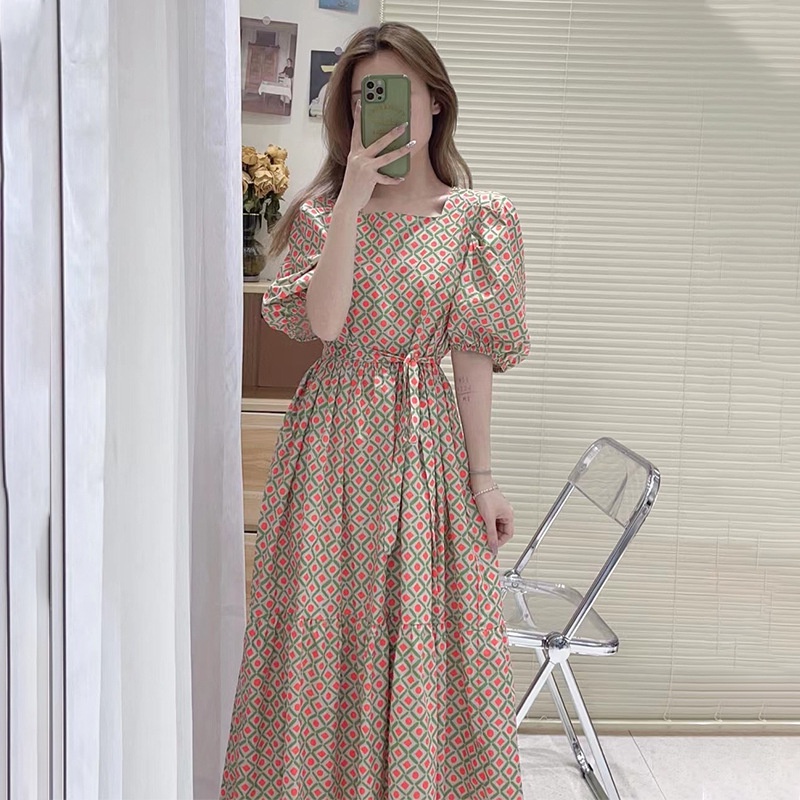 Váy hoa nhí cổ vuông kẻ ô 🎀 nơ eo, dáng dài siêu bắt mắt