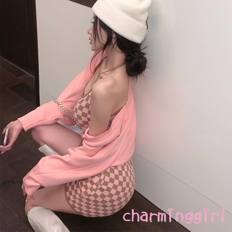 Đầm hai dây cổ yếm họa tiết sọc caro thời trang quyến rũ cho nữ