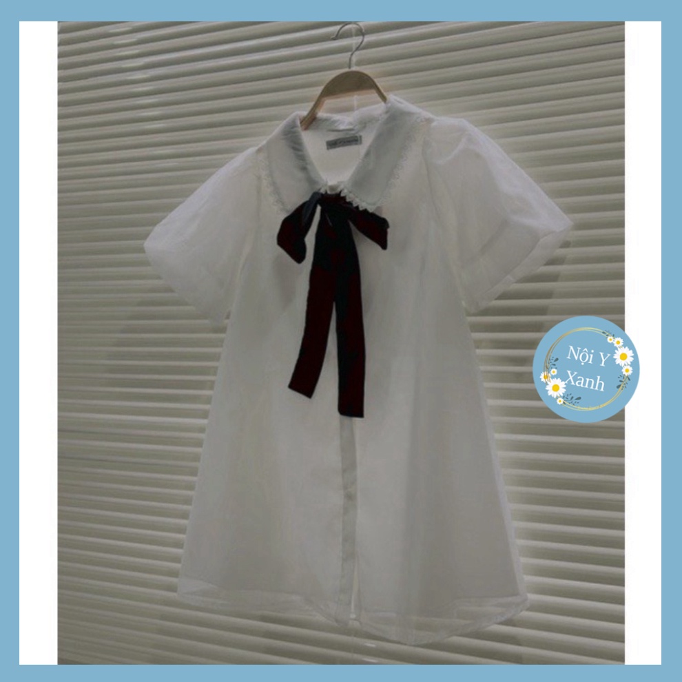Áo sơ mi babydoll cộc tay ren tơ form thụng dáng xòe áo sơ mi kiểu nữ_027 chất mát, nữ bánh bèo ngắn tay ngực nhún