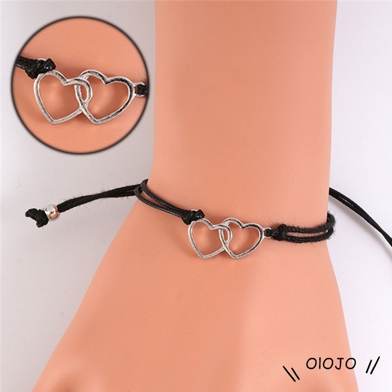 2 Vòng tay bện dây mặt hình trái tim đôi thời trang có thể điều chỉnh dành cho nam nữ