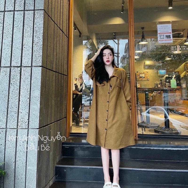 Đầm sơmi nhung tăm hai túi siêu xinh