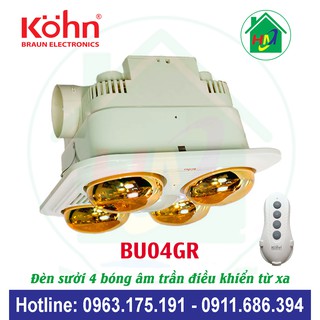 Đèn Sưởi Nhà Tắm 4 Bóng Âm Trần Kohn BU04GR Điều Khiển Từ Xa