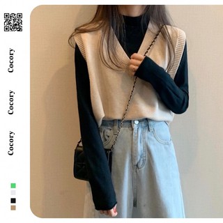 Áo gile nữ len mỏng cổ tim màu trắng đen vàng xanh chất đẹp hàng Quảng Châu thời trang thu đông 2020