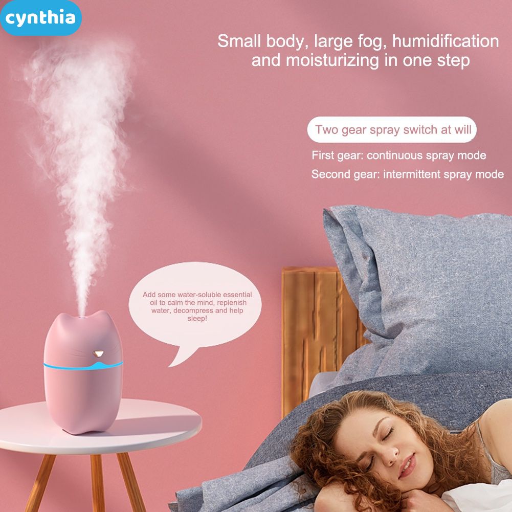 Máy Xông Tinh Dầu Mini Máy Tạo Độ Ẩm Phòng Hình Mèo Dung Tích 260ML Đèn Ngủ Đổi Màu Trang Trí Để Bàn