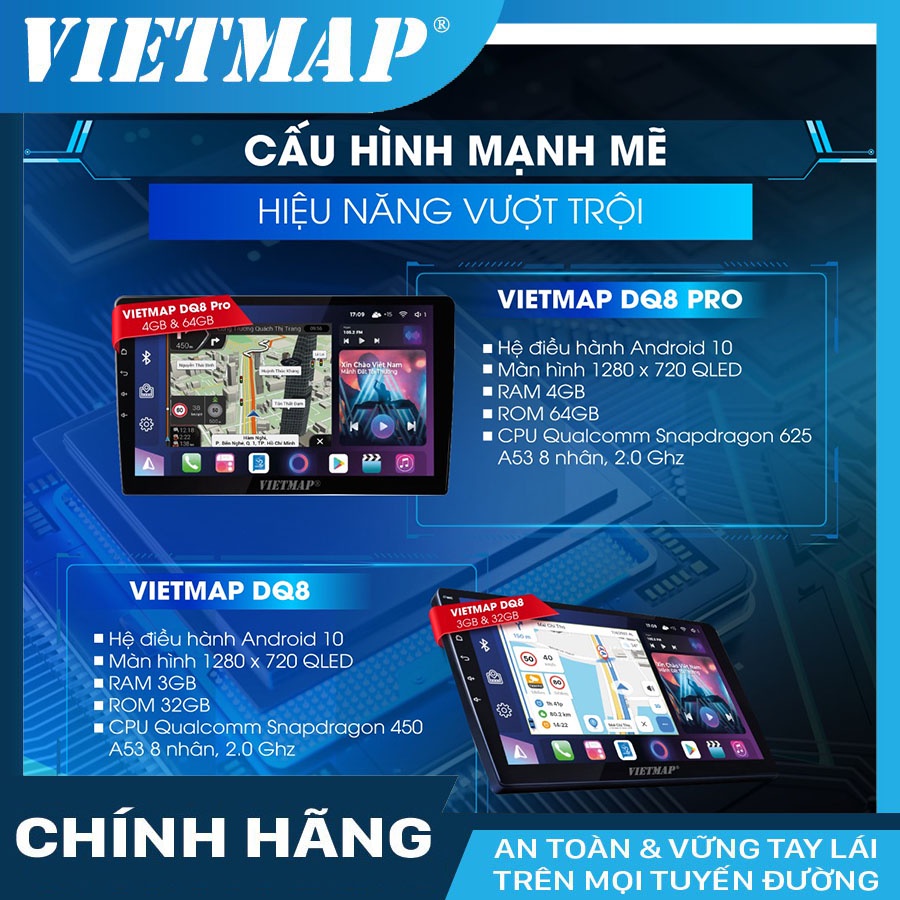 Màn hình Android VIETMAP DQ8 và DQ8 PRO cho các dòng xe ô tô + KM camera hành trình V5 kèm sim 4G