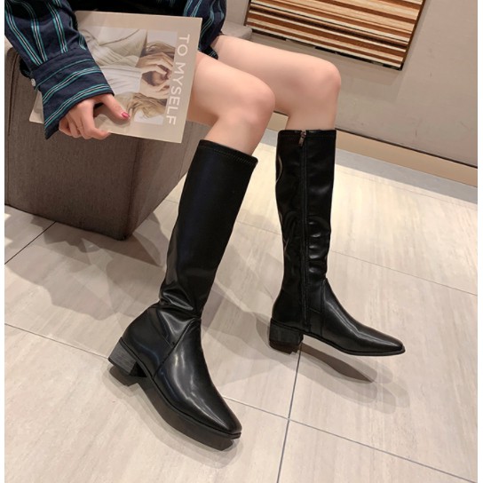 (Có Hình Thật) - Phong Cách Hàn Quốc Boots Da Xịn Gót Vuông 4 Phân Cao Dưới Gối Nâu/Đen