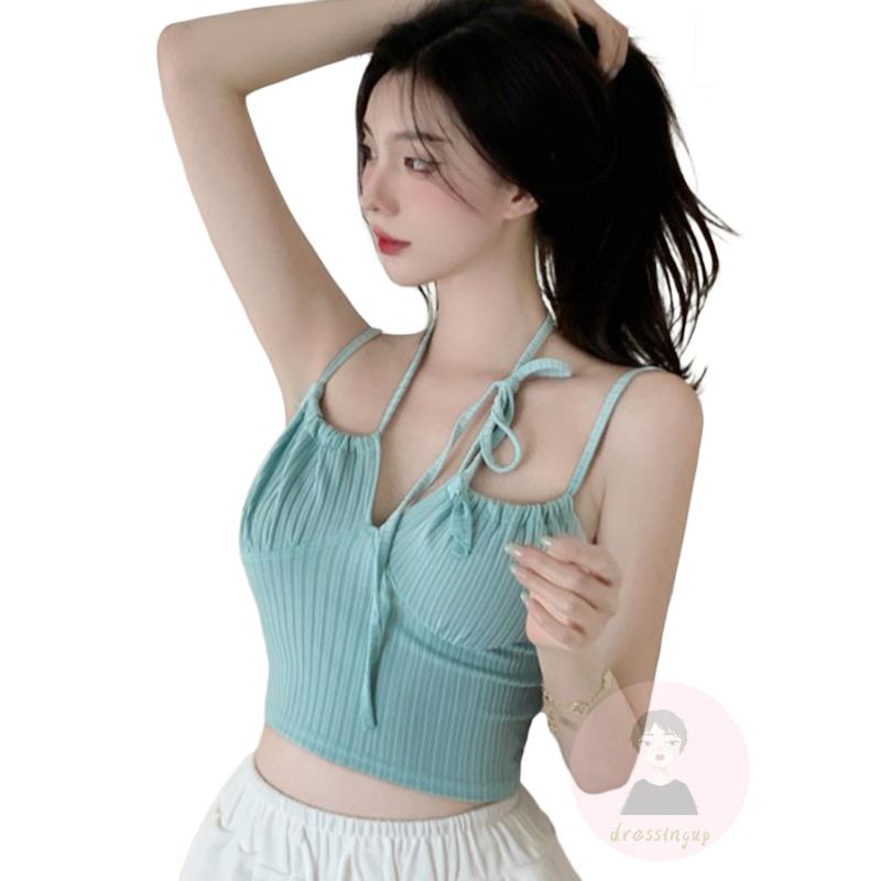 DRE-Women Tank Tops, Sleeveless Hanging Neck Solid Color Casual Party Club Blue Short Tank Tops