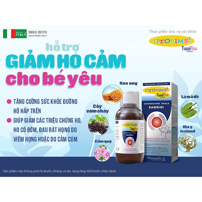 Bộ đôi Fitobimbi Tussiflux siro cho bé và gia đình giúp giảm ho, có đờm, đau rát họng do viêm họng