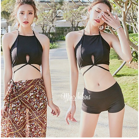 Set 3 Mảnh Đồ Bơi Nữ Đi Tắm Biển Gồm Áo Quần Đùi và Chân Váy Xẻ Dài Maxi