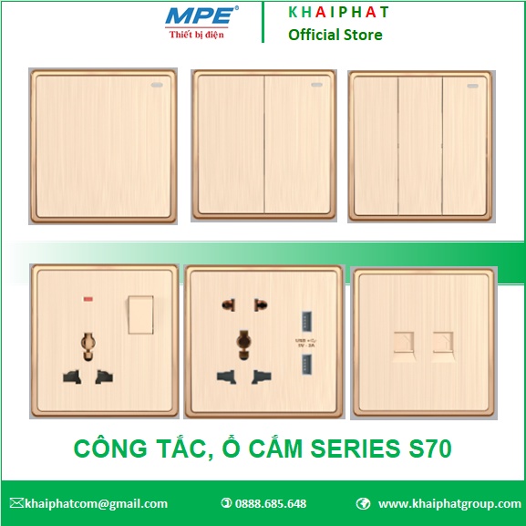 BỘ CÔNG TẮC 1 2 3 4 1 CHIỀU 2 CHIỀU Ổ CẮM CÓ USB Ổ ĐIỆN THOẠI MẠNG LAN INTERNET S70 VIỀN VÀNG VUÔNG MPE - KHẢI PHÁT