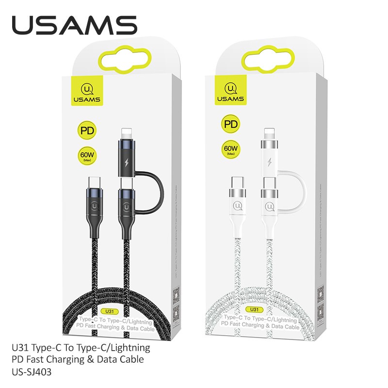 Dây Cáp Sạc Nhanh USAMS U31 PD 100W 2 Trong 1 QC 3.0 USB Type C iP 13 12 11 Cho Máy Tính Bảng Laptop