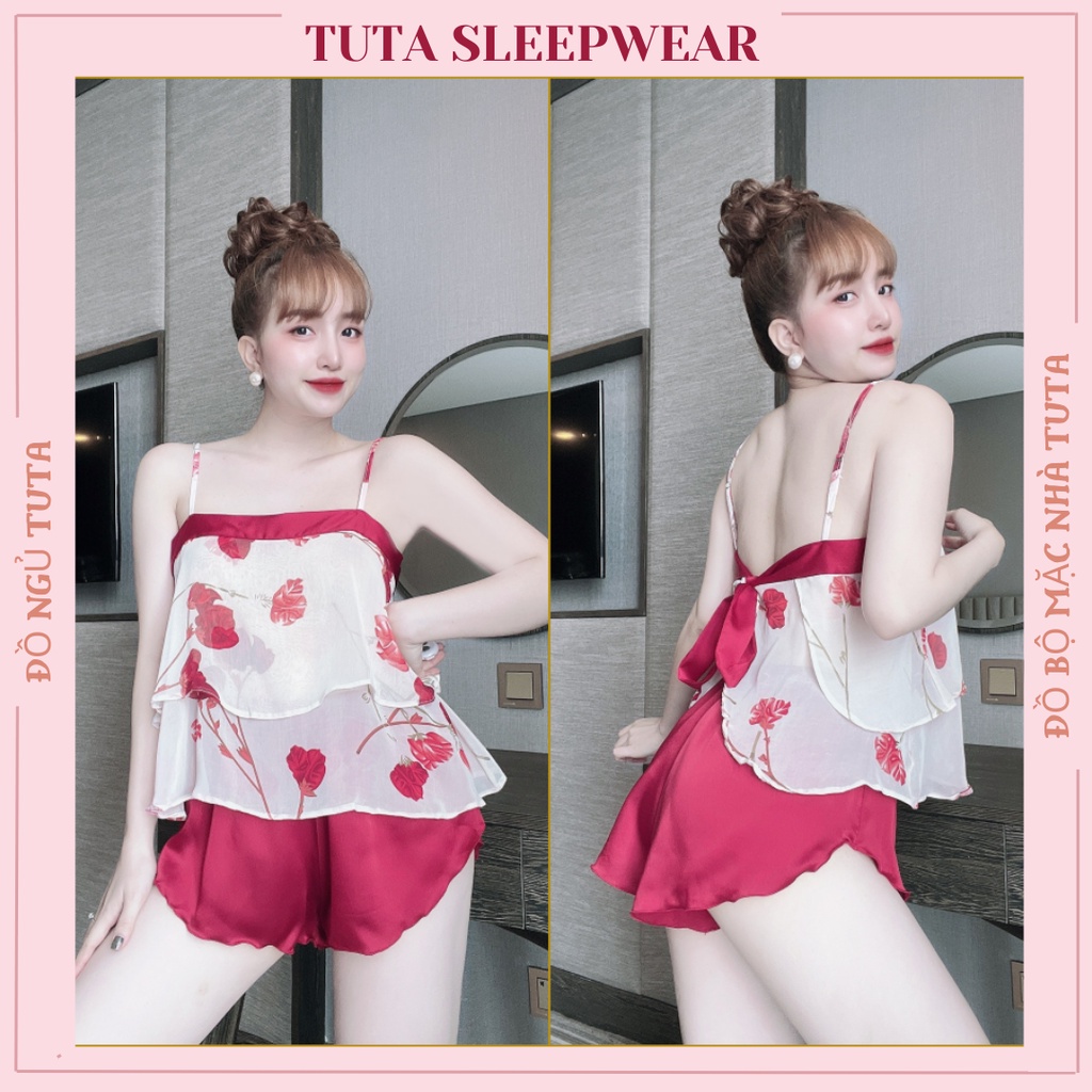 Bộ ngủ lụa 2 dây sexy TUTA ngực phối ren quần đùi lụa satin gợi cảm thoáng mát - dn030