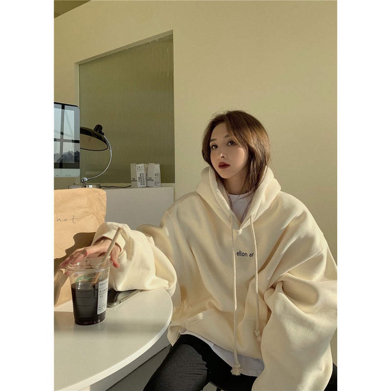 Áo hoodie bằng cotton dáng rộng dài có mũ trùm đầu thời trang