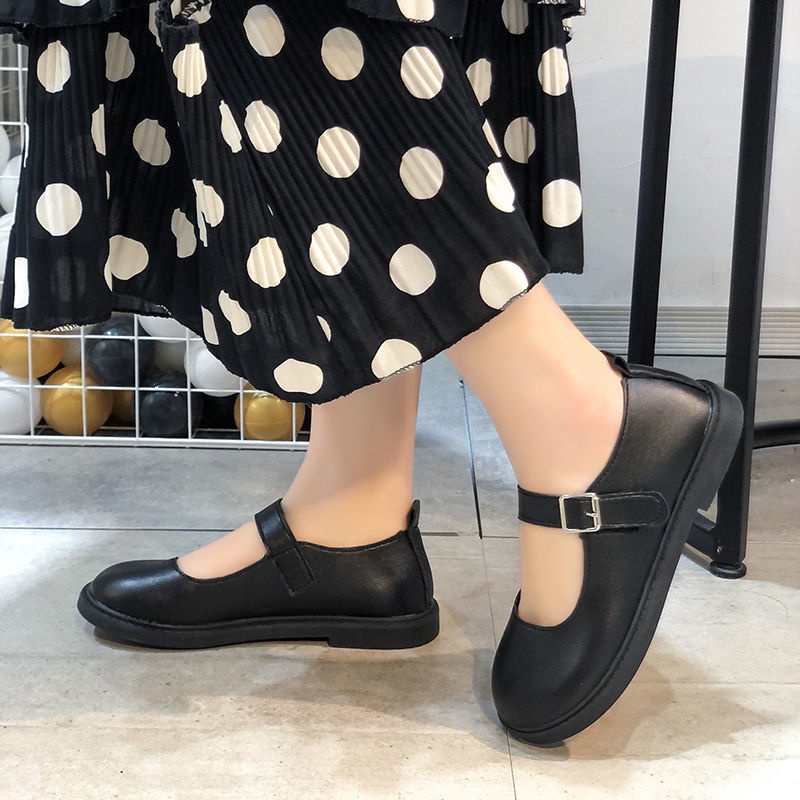 Giày marry Jane nữ da nhám 3 màu đen, trắng và nâu cài quai vuông