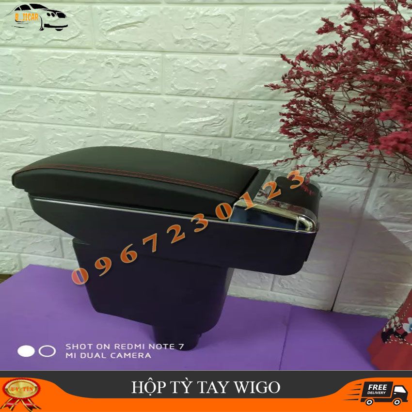 Hộp tỳ tay, bệ tì tay dành cho xe hơi, ô tô Toyota Wigo bọc da 7 cổng usb có thể trượt lên xuống