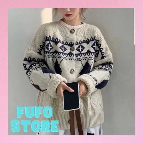 Áo khoác Cardigan tay dài họa tiết thổ cẩm hình quả trám chất liệu siêu ấm phong cách Hàn Quốc