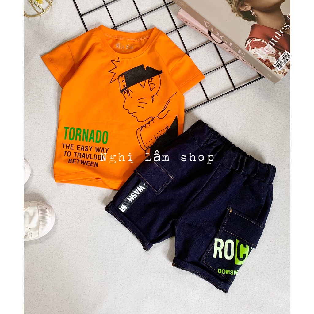 Bộ quần áo bé trai Áo thun cotton 100% co giản 4 chiều mềm mịn mát Quần thun cotton giả jean cho bé từ 8-36k