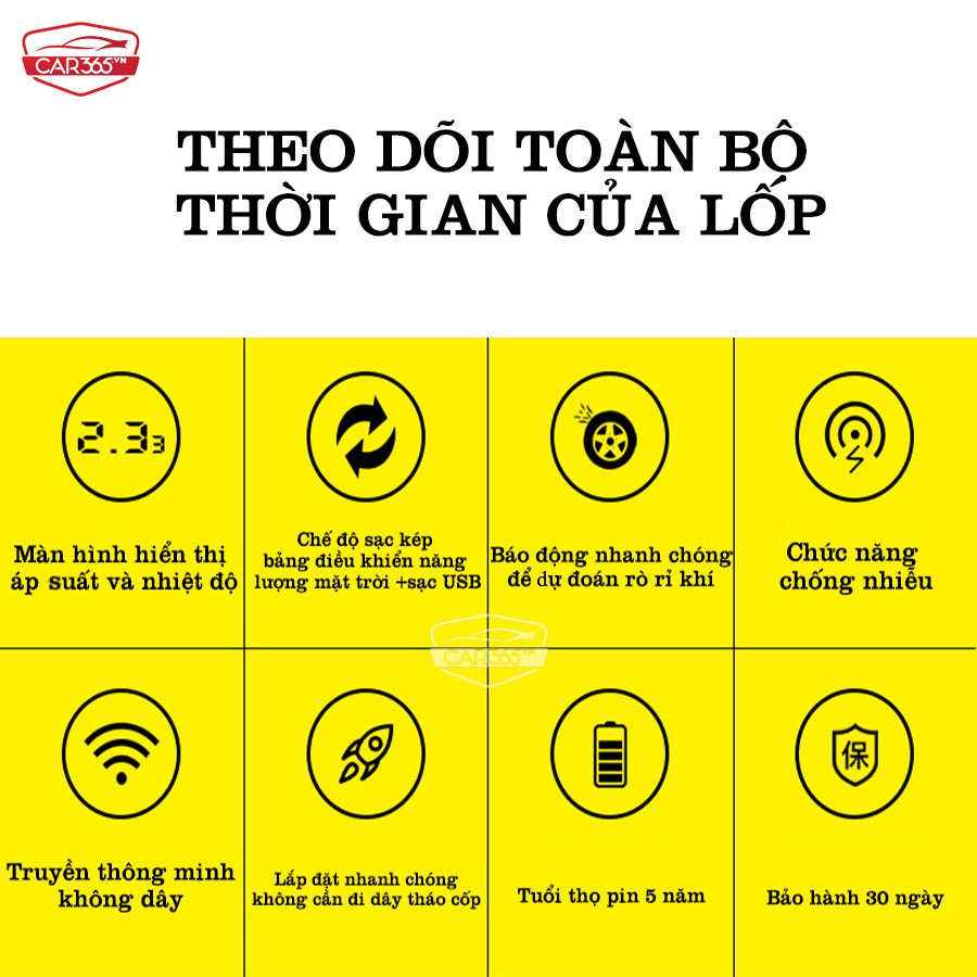 Cảm biến áp suất lốp ô tô xe hơi Car365 CHÍNH HÃNG - Màn hình màu gắn kính lái sạc năng lượng mặt trời - CAR28