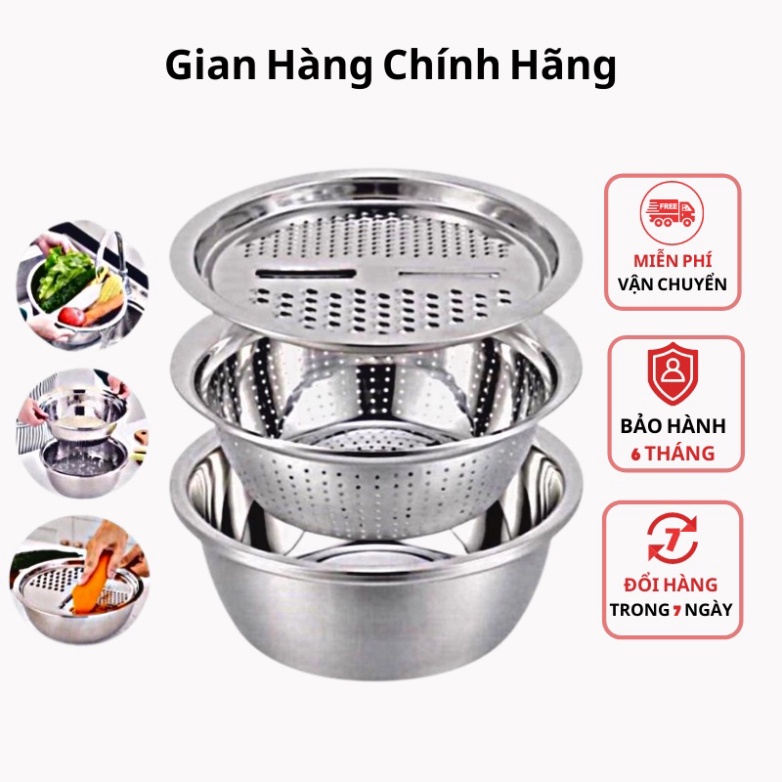 Bộ Rổ Nạo Rau Củ 3 Món - Rổ Nạo Rau Củ Kiêm Chậu Inox Cao cấp Đa Năng, Tiện Lợi