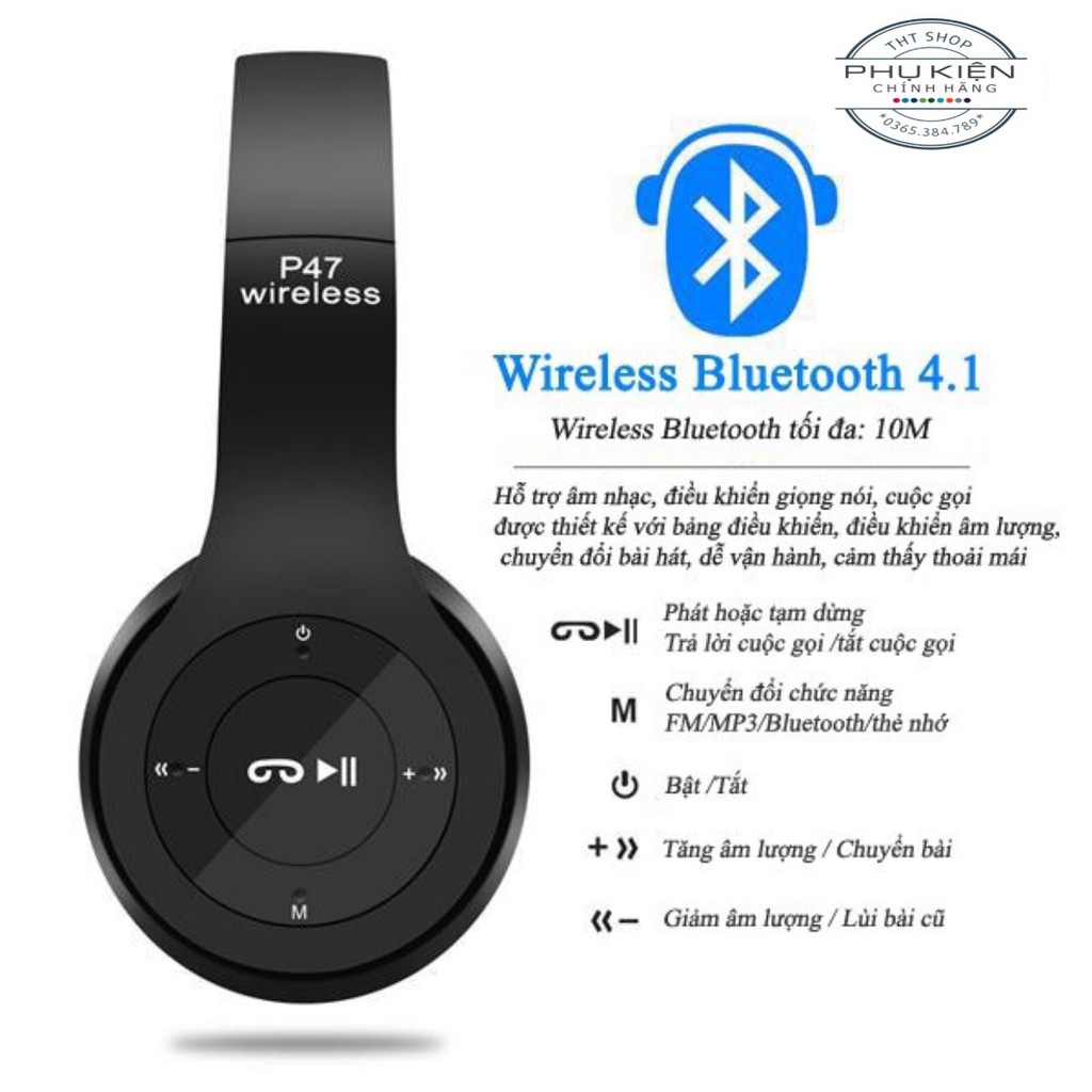 [BH 1 ĐỔI 1 6 THÁNG] TAI NGHE BLUETOOTH CHỤP TAI P47 Có Thể Gập Lại Có Micro Hỗ Trợ Thẻ Nhớ