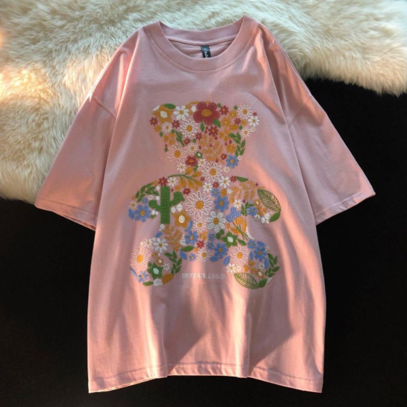 [Order] Áo phông nữ đẹp tay ngắn in hình floral bear xinh xắn 3 màu có size ( ảnh thật phía sau)