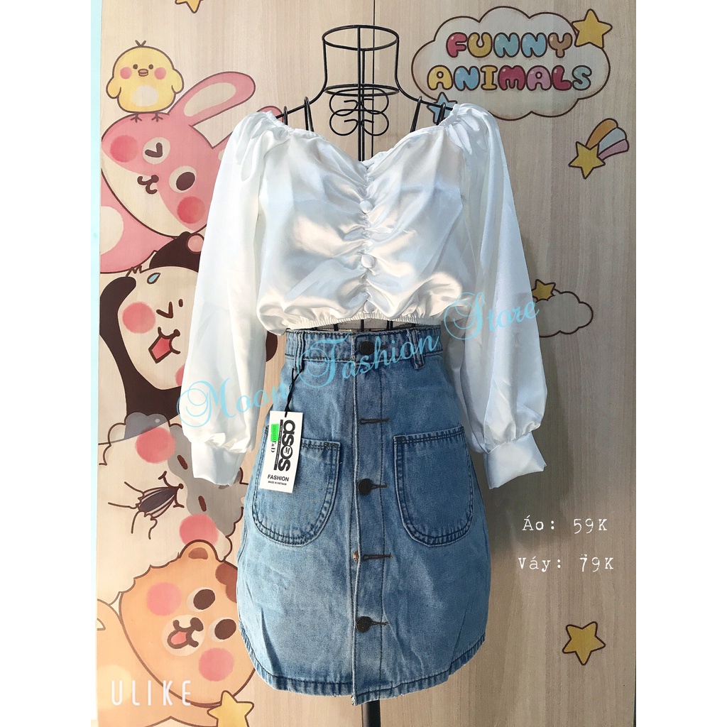 Áo Kiểu Nút Phi Bóng Trễ Vai Nhún Ngực Tay Dài