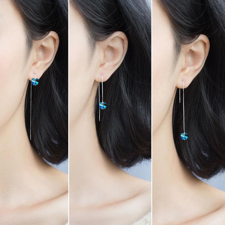 Bông tai nữ pha lê swarovski trái tim xanh kiểu dài tòn ten đeo qua tai dễ thương - namimi