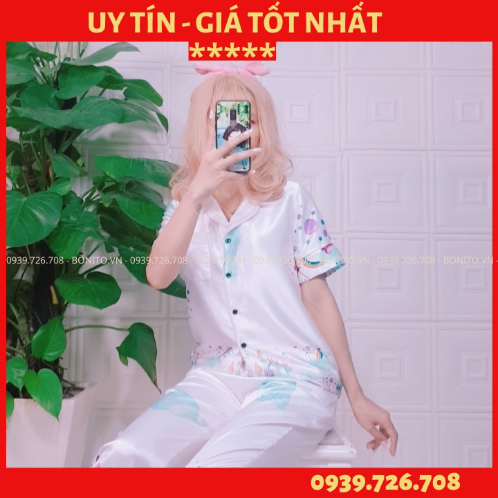 Bộ ngủ pijama hàng thiết kế quần dài tay ngắn phối chân chất lụa đẹp cao cấp