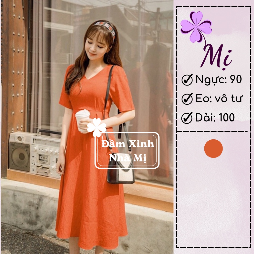 (HÌNH THẬT) Đầm Nữ Dự Tiệc Cổ V Dây Cột Eo Tay Ngắn Dáng Xòe Thanh Lịch, Váy Nữ Công Sở Basic Thục Nữ Màu Cam