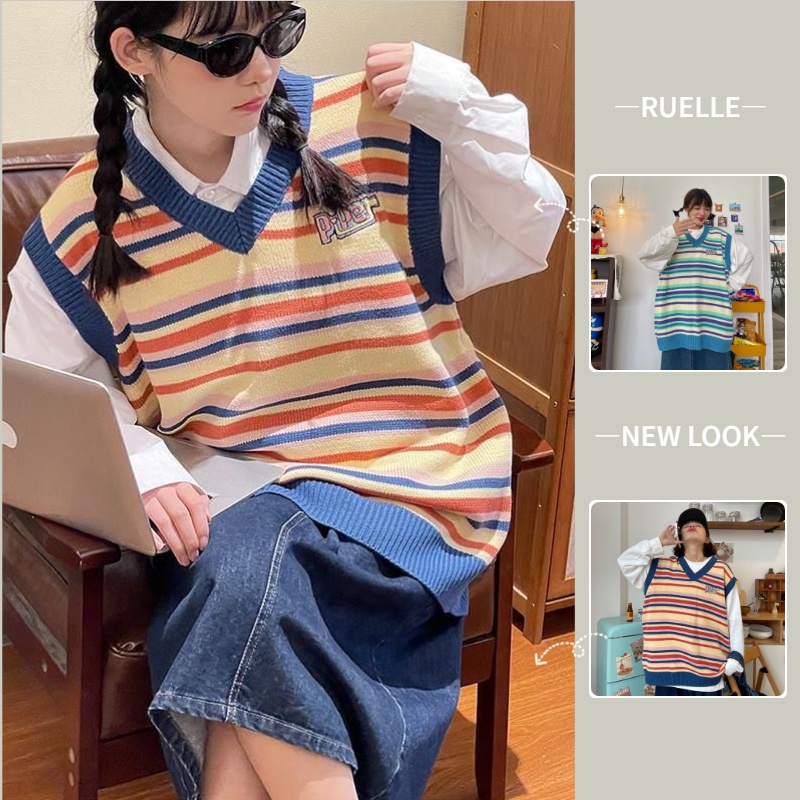 MỚI Áo dệt kim sát nách cổ chữ V họa tiết kẻ sọc phong cách Nhật Bản cho nữ