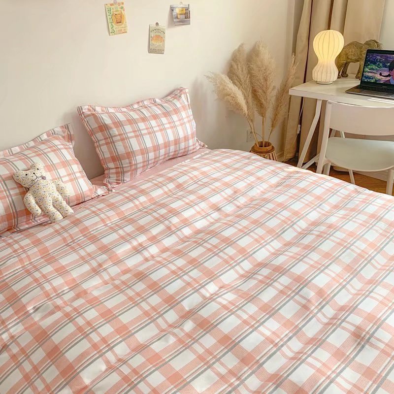 ☀Bộ Chăn Ga Gối⚡Cotton mịn poly kẻ hồng nhẹ nhàng nữ tính tông màu ấm áp tặng kèm vỏ gối ôm cùng bộ