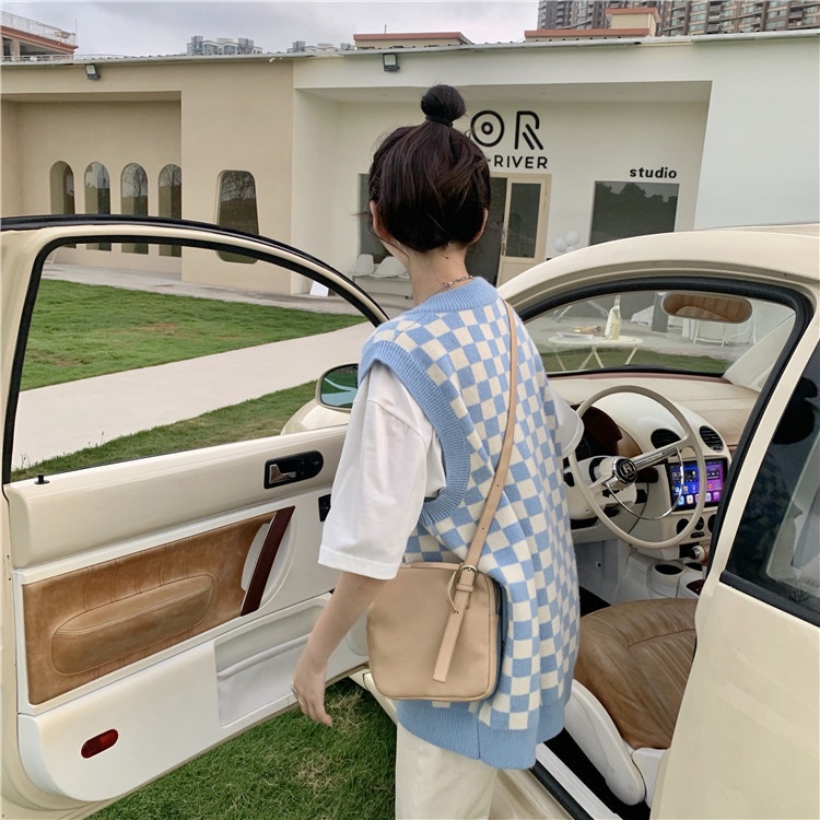 Áo len không tay cổ chữ V dáng rộng họa tiết sọc caro phong cách Retro | BigBuy360 - bigbuy360.vn