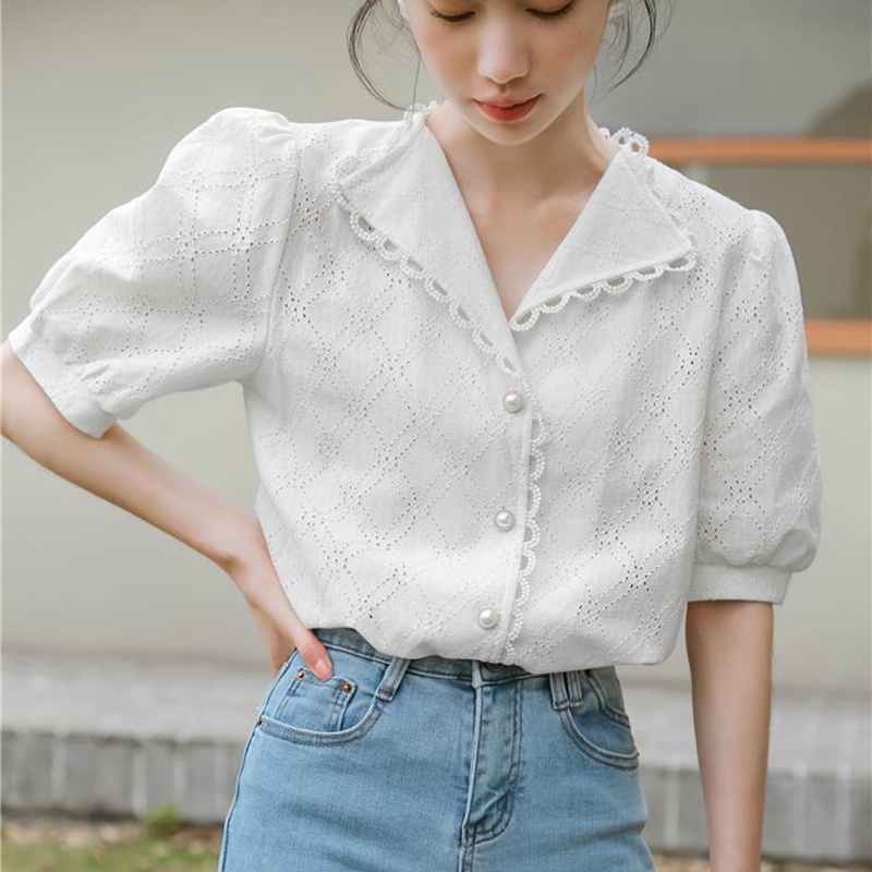 Áo sơ mi IELGY cổ chữ v tay ngắn phong cách Pháp cổ điển dành cho nữ