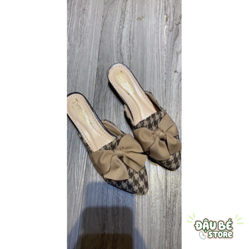 Giày Sục Nơ Caro Nâu Mũi Nhọn Thời Trang Cá Tính Nữ - Dép Sục Nữ Đế Bệt Sang Chảnh Chống Trơn Trượt - Daube - G030