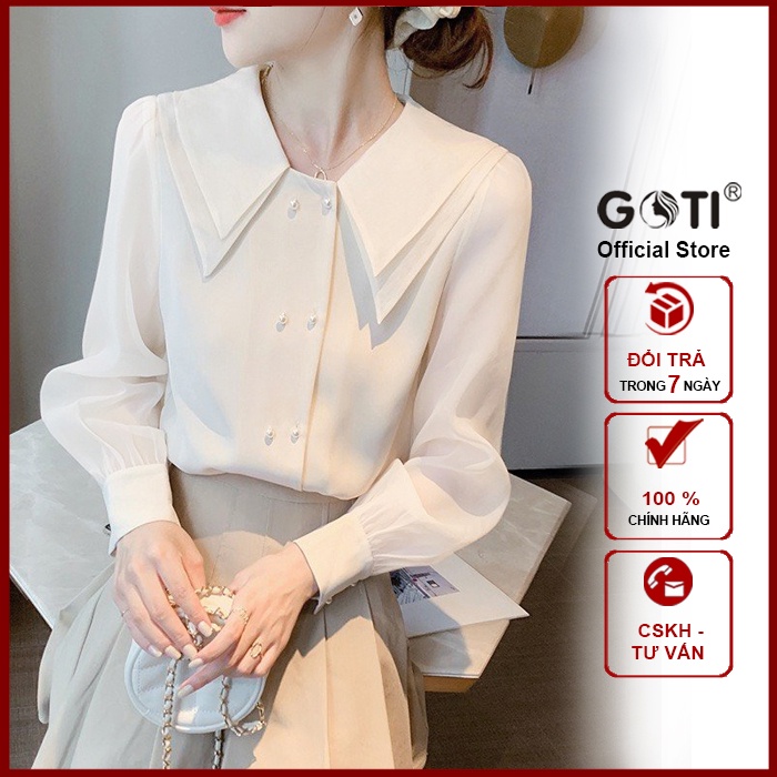 GOTI 43-67KG - Áo Sơ Mi Nữ Công Sở Tay Dài Cổ Sen Đơn Giản Form Suông Rộng BigSize Màu Trắng Mặc Đi làm 3A18 3A19