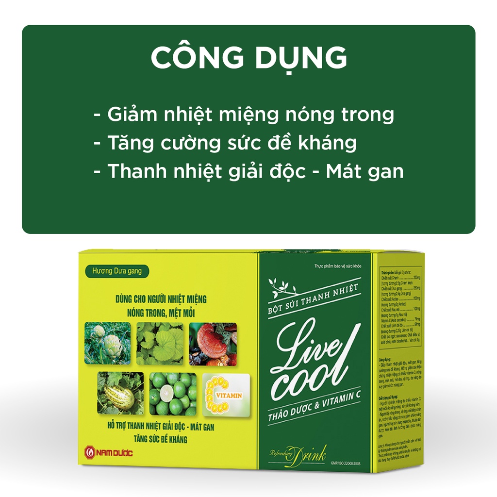 Bột sủi thanh nhiệt Livecool hương dưa gang 10 gói giảm nhiệt miệng nóng trong, giải độc, mát gan, tăng đề kháng