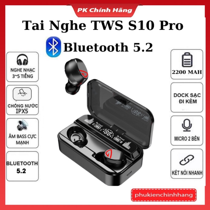 [ S10 Pro ]Tai nghe bluetooth V5.2 S10 Pro cao cấp kiêm sạc dự phòng 2200mAh, Bảo Hành 12 Tháng