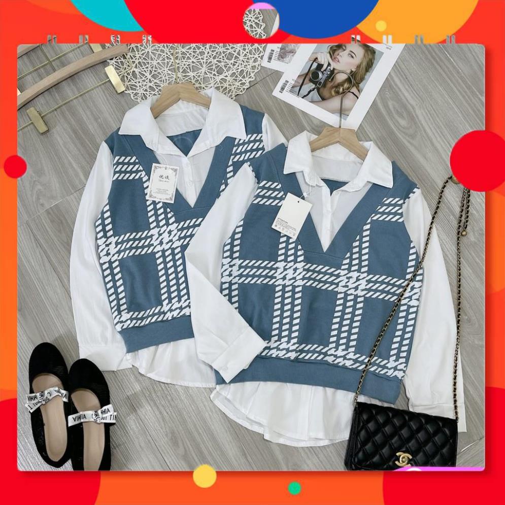 Áo gile len mix sơ mi trắng kiểu dài tay ulzzang hàn quốc, Áo ghile caro cổ v phối áo sơ mi vintage nữ tính - Roxie