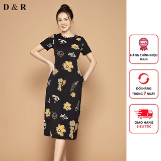 Đầm thun suông bigsize họa tiết hoa vàng Quảng Châu cao cấp váy đi chơi dự tiệc thương hiệu thời trang D&R D144