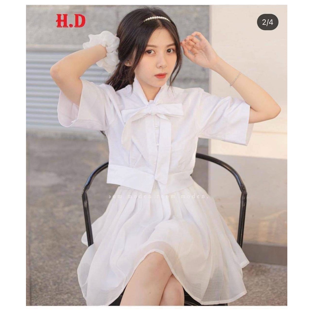 Sét váy áo croptop buộc nơ mix chân váy 2 lớp vintage dáng ulzzang