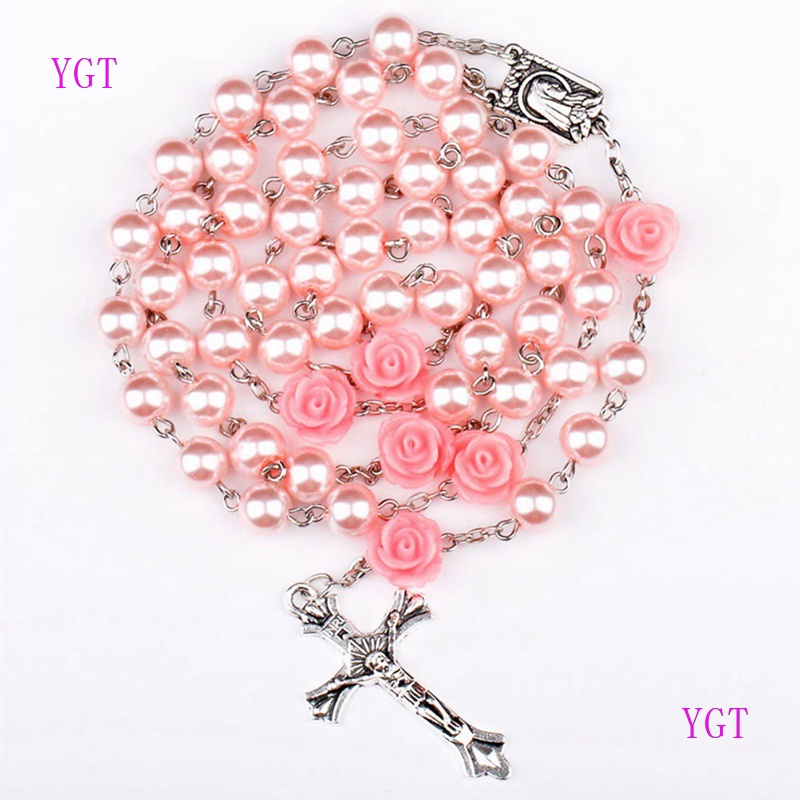 Vòng cổ mặt hình thánh giá đính ngọc trai giả 6mm 3 màu thời trang