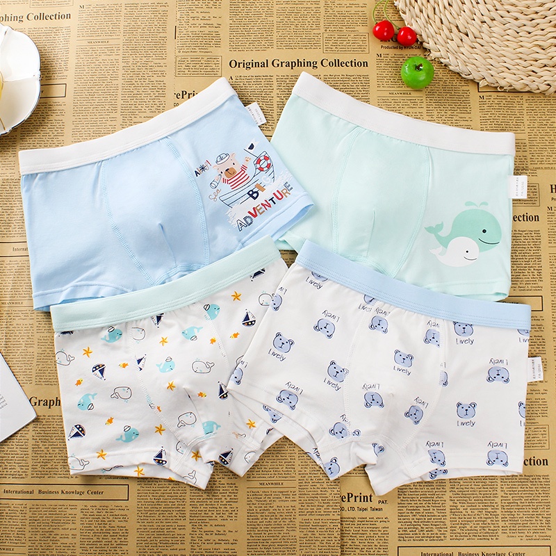 Bộ 4 Quần Lót Boxer 95% cotton In Hình Hoạt Hình Và Gấu Dễ Thương Cho Bé Trai 2-12 Tuổi