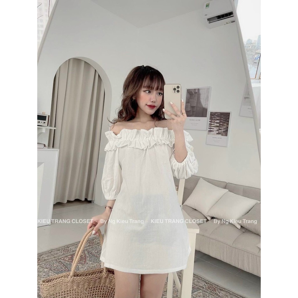 [ V03] Đầm⚡Bán Lỗ⚡váy trễ vai chun tay lửng màu trắng kiểu công chúa ulzzang obiking | BigBuy360 - bigbuy360.vn