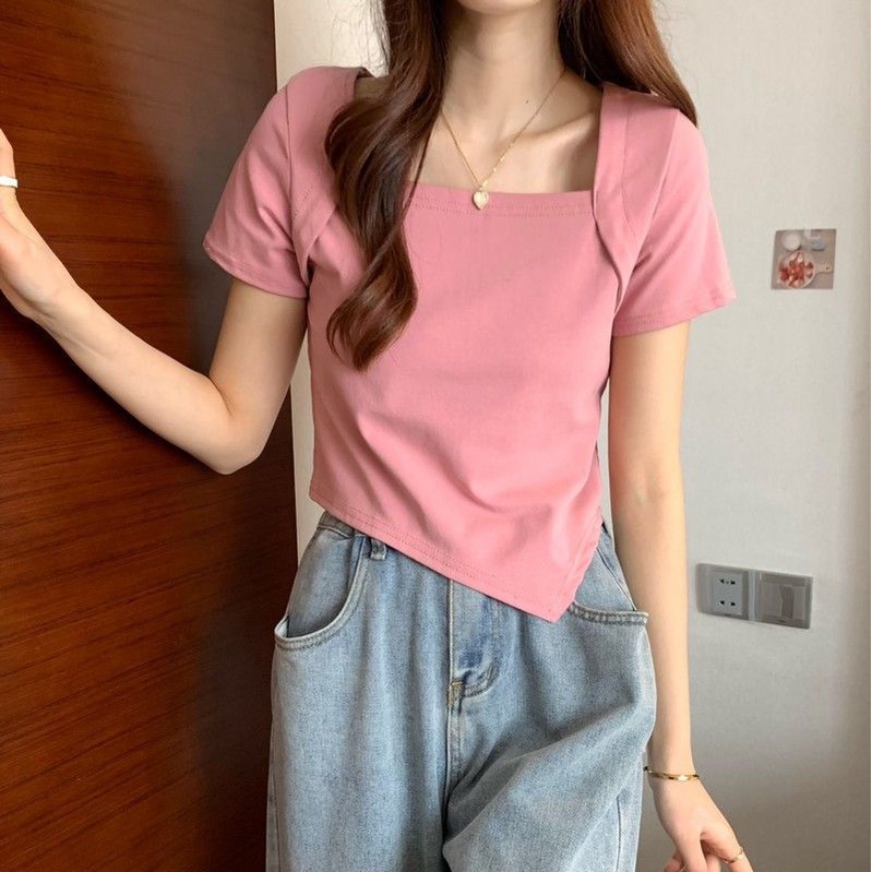 Áo Thun Ngắn Tay Cổ Vuông Màu Sắc Thời Trang Dành Cho Nữ