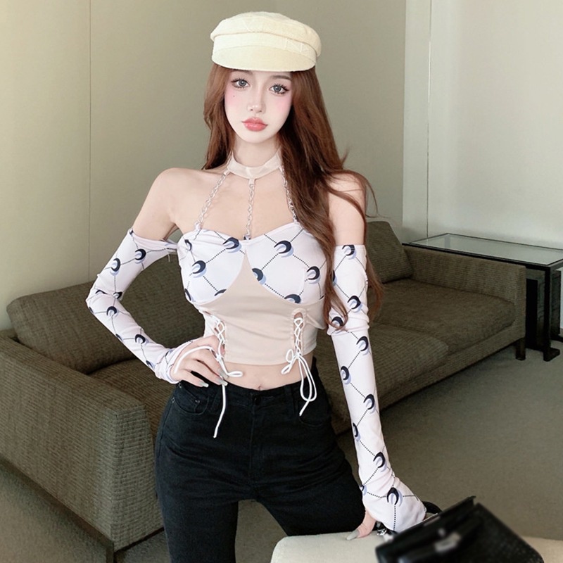 Áo Croptop Dệt Kim Tay Dài Trễ Vai Thiết Kế Thanh Lịch Cho Nữ