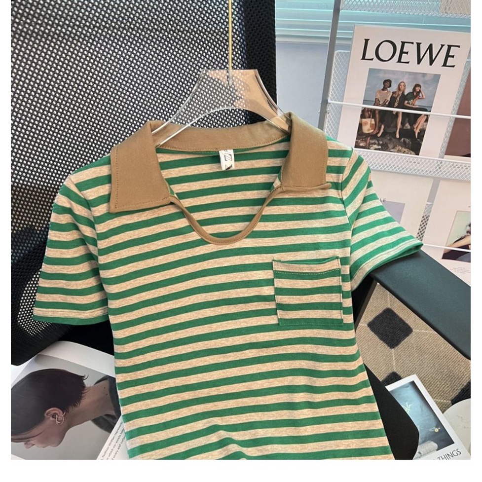 Áo Thun Nữ Ngắn Tay Cổ Chữ V Họa Tiết Sọc Ngang Thời Trang