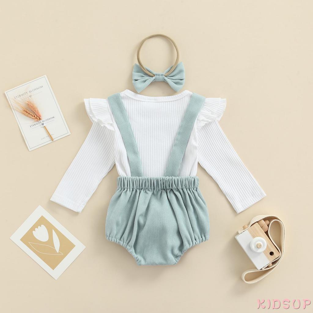 Set đồ 3 món với áo tay dài cổ tròn+quần yếm màu trơn+băng đô cho bé gái