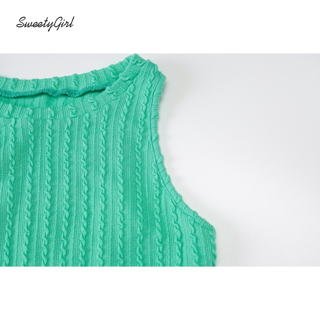 Đầm dệt kim dáng ôm không tay cổ tròn màu trơn thời trang cho nữ