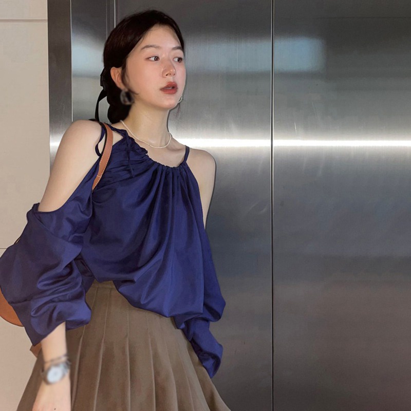Áo Sơ Mi Tay Dài Hở Vai Màu Sắc Trơn Phong Cách Hàn Quốc Dành Cho Nữ